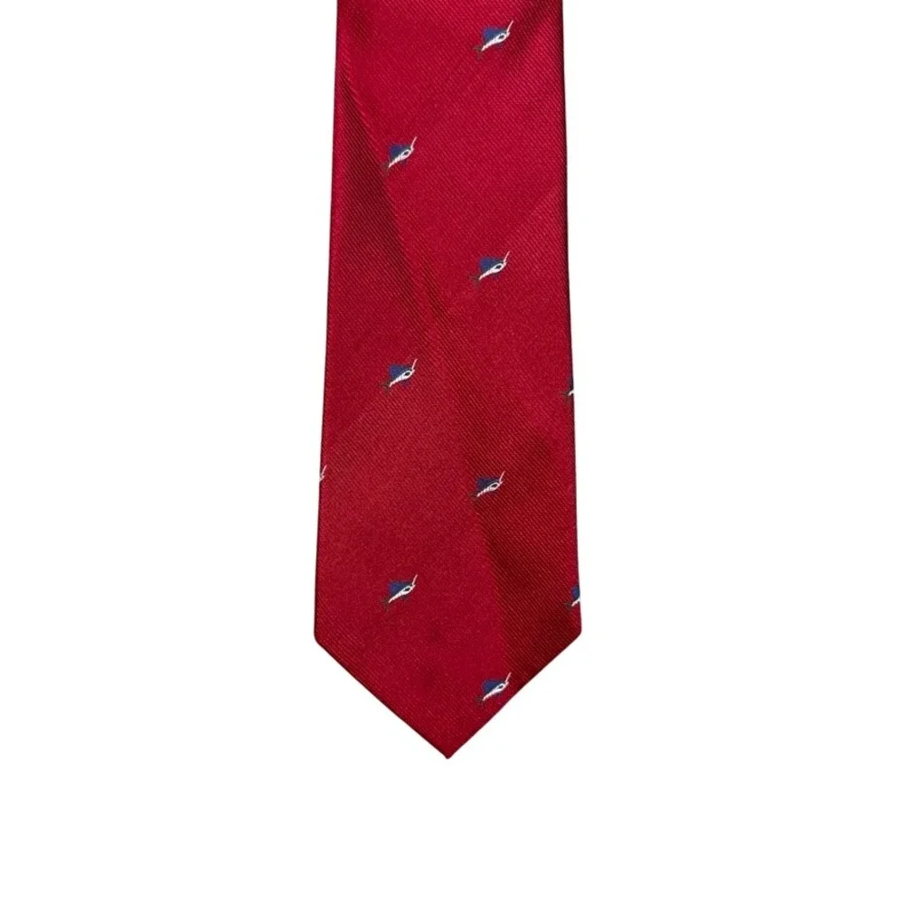 Lands End Mens Red Silk Marlin Fish Pattern Necktie 430234 V1512/M3232
